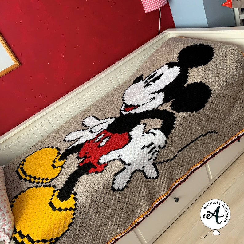 Haakpatroon C2C deken, C2C Mickey deken, corner to corner haken, c2c haken, pixelhaken, Mickey Mouse, eenpersoons deken