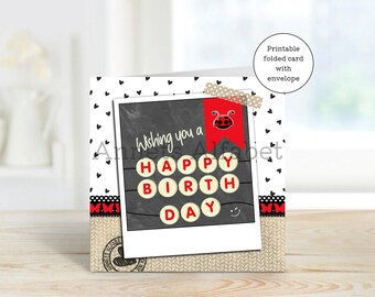 Card Birthday Letter Beads Ladybug - Printable - Happy Birthday to you - pdf file - jpg file - instant download - with envelope