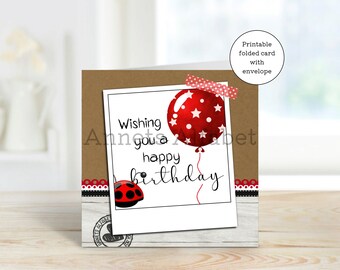 Card Birthday Balloon ladybug - Printable - Happy Birthday to you - pdf file - jpg file - instant download - with envelope