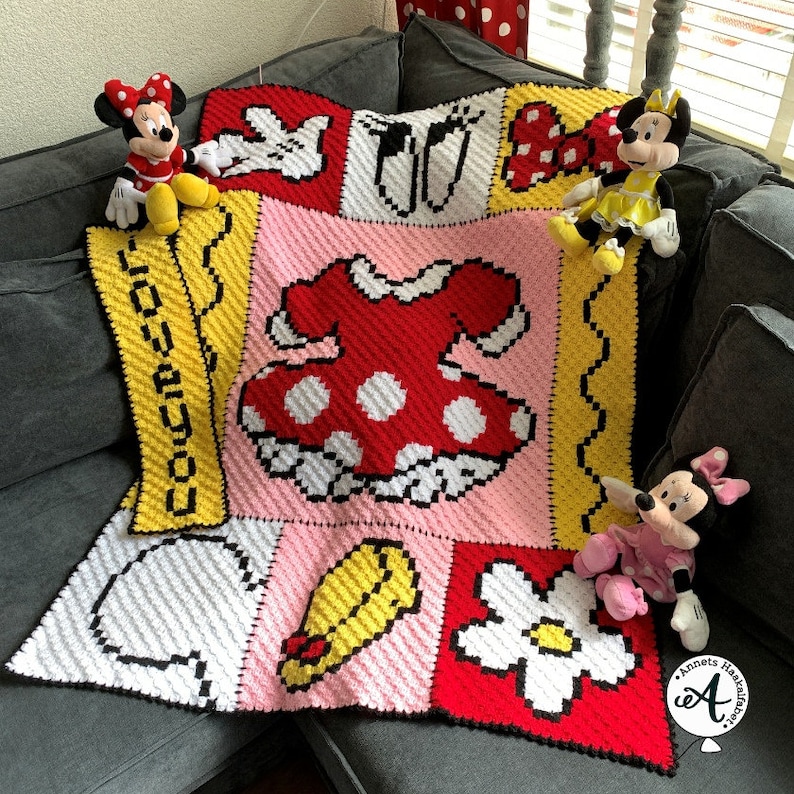 Haakpatroon C2C deken,  Minnie Mouse deken, corner to Corner deken, haken, pixelhaken, Minnie Mouse Pixeldeken, Haken, kinderdeken,