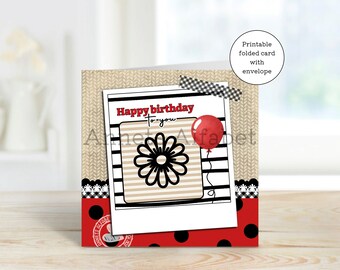 Card Birthday Flower with balloon - Printable - Happy Birthday to you - pdf file - jpg file - instant download - with envelope