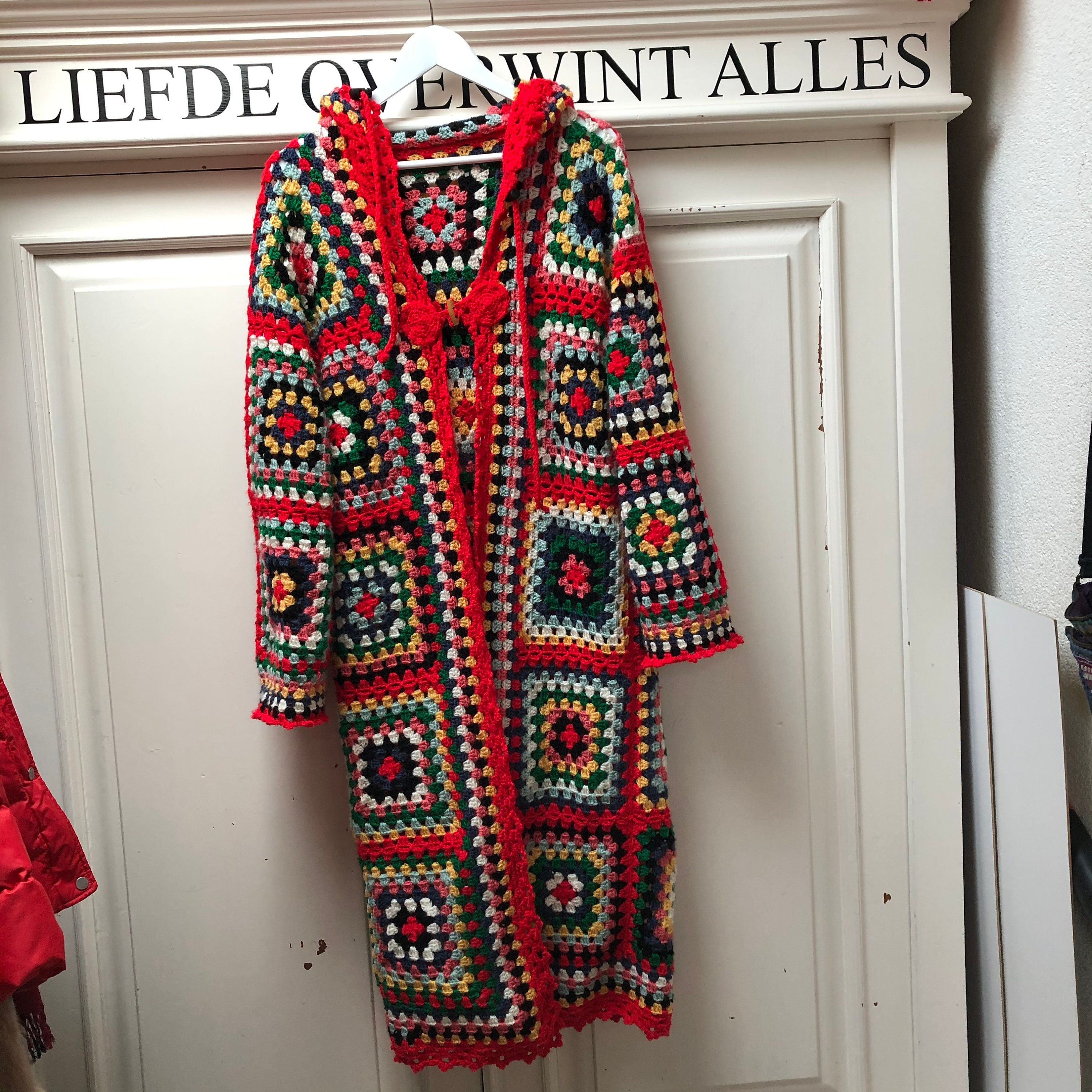 Vintage Hooded Long Sleeve Multicolored Crochet Granny Square Cardigan