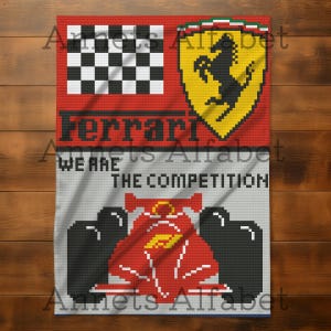 Op de afbeelding: Een kruissteekontwerp met het Ferrari-logo, een geblokte vlag en een Formule 1-raceauto. De tekst "Ferrari" en "We are the competition" zijn ook opgenomen. Het ontwerp is voornamelijk rood, zwart, wit en geel.
