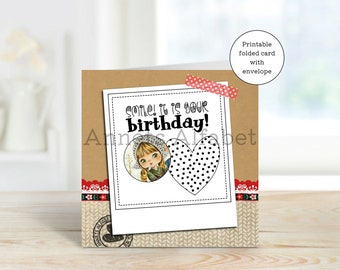 Card Birthday Vintage Girl - Printable - Happy birthday to you - pdf file - jpg file instant download - with envelope - print at home