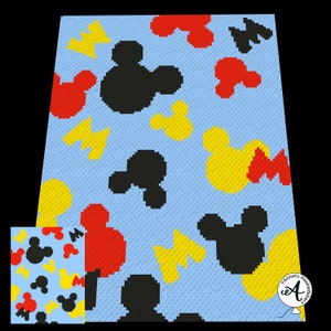 May include: A blue crochet blanket with a repeating pattern of Mickey Mouse heads in black, yellow, and red.
