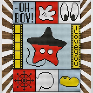 May include: A baby crib sheet with a colorful comic book style design. The sheet features a star-shaped character with a black hat and red face, along with the words "OH BOY!" and other cartoon elements. The sheet is set against a white crib.