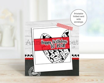 Card Birthday Letterheart - Printable - Happy birthday to you - pdf file - jpg file instant download - with envelope - print at home