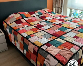 Crochet Pattern Granny Square Patchwork Blanket - Double bed - 15 colors - join-as-you-go - Instant download