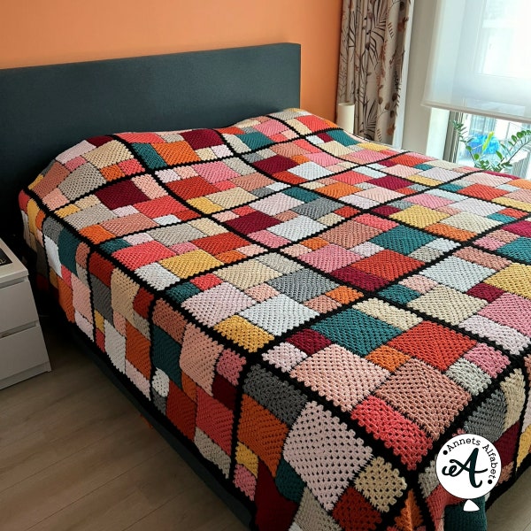 Crochet Pattern Granny Square Patchwork Blanket - Double bed - 15 colors - join-as-you-go - Instant download