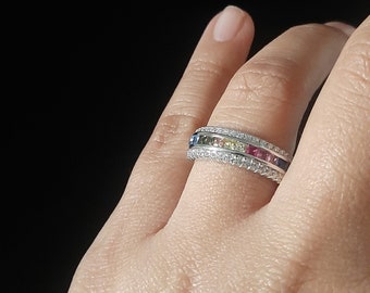 Multi Gemstone CZ Ring,Unisex Gemstone 925 Sterling Silver Ring Band,Handcrafted Statement Ring,Birthday Gifts,Mothers Day Gifts