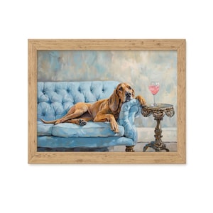 Bloodhound Art Print – Dog on Blue Sofa with Rosé | Whimsical Dog Wall Art | Vintage-Inspired Pet Portrait | Gift for Dog Lovers