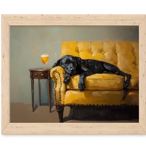 ブラックラブラドールのアートプリント | ビール犬のポートレート | 面白い犬のウォールアート | ヴィンテージソファの犬用デコレーション | 風変わりなラウンジペットプリント