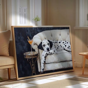 ダルメシアンアートプリント | 風変わりな犬のウォールアート | 面白いペットの肖像画 | カクテルラウンジの犬 | ヴィンテージ油絵スタイル