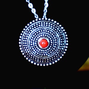 Boho Silver Mandala Pendant Necklace  Red Center Bead  Tribal Ethnic Statement Jewelry
