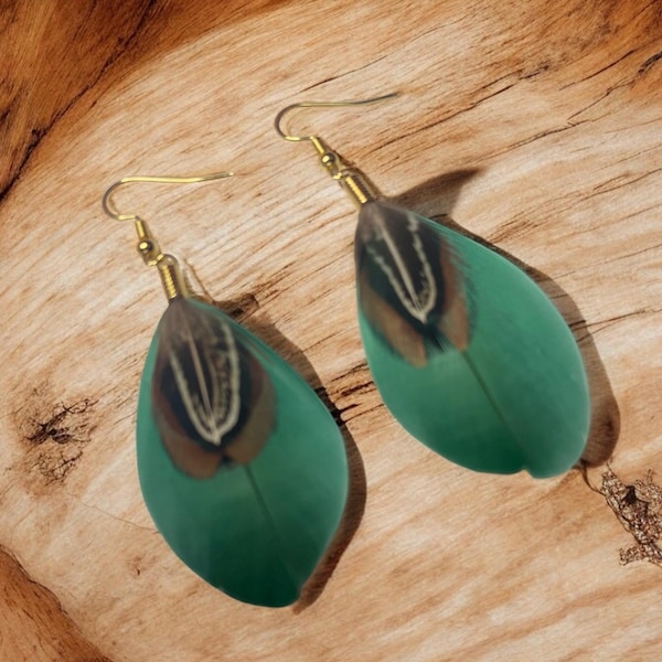 Boucles d'oreilles plumes vertes et brunes Plumes naturelles classiques Véritables plumes Boucles d'oreilles festival de bijoux bohèmes Choix de raccords