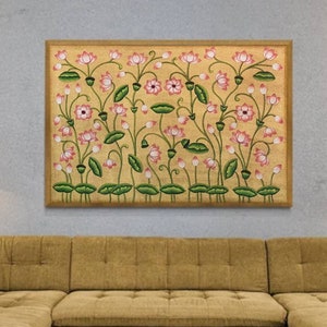 Lotus Pond Pichwai Painting Wall Decor Kamal Talai Handmade Floral Design Natural Stone color on cloth Indian Decor Paintings, Wall Art