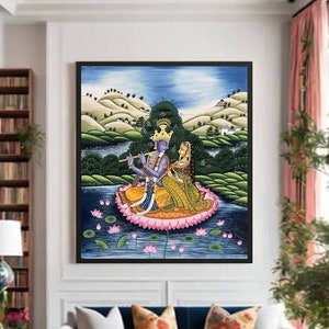 Radha Krishna Detailed Pichwai Handmade Painting On Fabric, Original Krishna Love Scene Wall Hanging Home Decorative Art