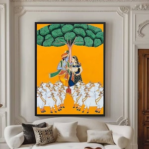 Radha Krishna Detailed Pichwai Handmade Painting On Fabric, Original Krishna Love Scene Wall Hanging Home Decorative Art