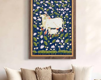 Pintura de vaca Pichwai Pintura tradicional india Pichwai, Regalo de decoración del hogar, Arte de pared