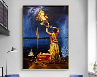 Ganga Aarti, Haridwar painting Haridwar Ghat, Home decor gift, large painting, Wall Art, Home Decor Gift, Oil Painting on Canvas