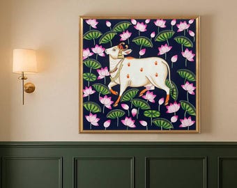 Mucca Pichwai Pittura Tradizionale Pichwai indiana, Arte dell'arredamento della casa, Arte della parete