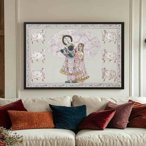 Radha Krishna Detailed Pichwai Handmade Painting On Fabric, Original Krishna Love Scene Wall Hanging Home Decorative Art