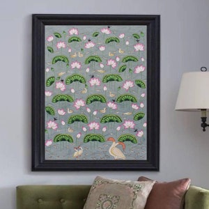 Lotus Pond Pichwai Painting Wall Decor Kamal Talai Handmade Floral Design Natural Stone color on cloth Indian Decor Paintings, Wall Art