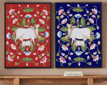 牛と蓮のピチワイ絵画の壁アート作品、伝統的なインドのピチワイ絵画
