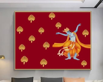 Pintura de Krishna bailando Pichwai sobre tela, pintura india Pichwai, tapiz, decoración del hogar, pintura hecha a mano, arte indio
