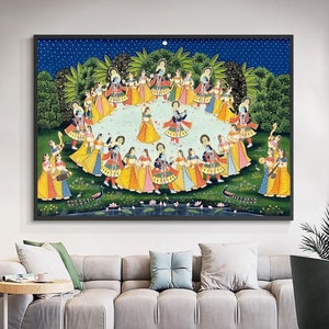 Radha Krishna Raasleela Detaillierte Pichwai Handgemachte Malerei Auf Stoff, Original Krishna Ras Leela Szene Wandbehang Dekorative Wandkunst