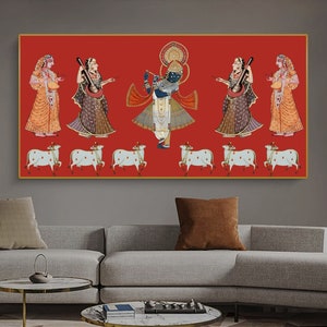 Pintura de Krishna Pichwai sobre tela, pintura india, arte mural, decoración del hogar, pintura hecha a mano, arte indio