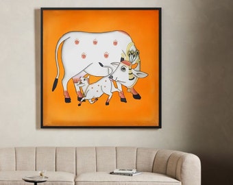 Mucca Pichwai Pittura Tradizionale Pichwai indiana, Arte dell'arredamento della casa, Arte della parete