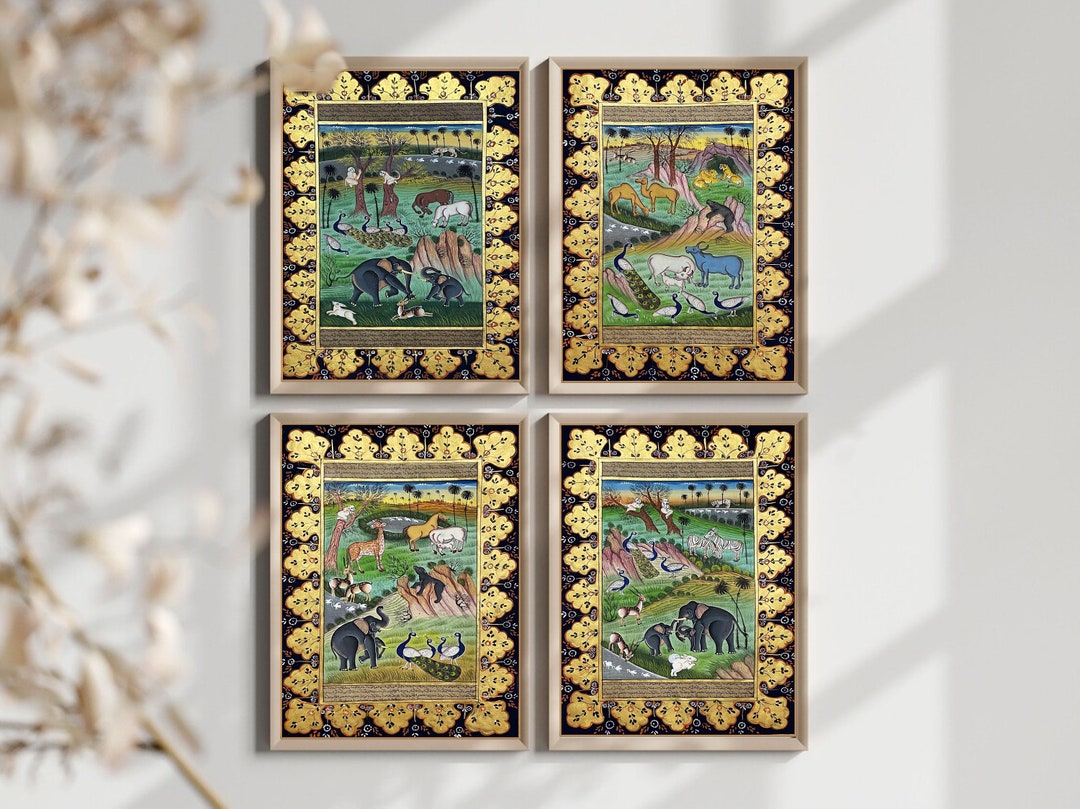 Wildlife Forest, Set of 4 Persian Miniature Art Indian Islamic
