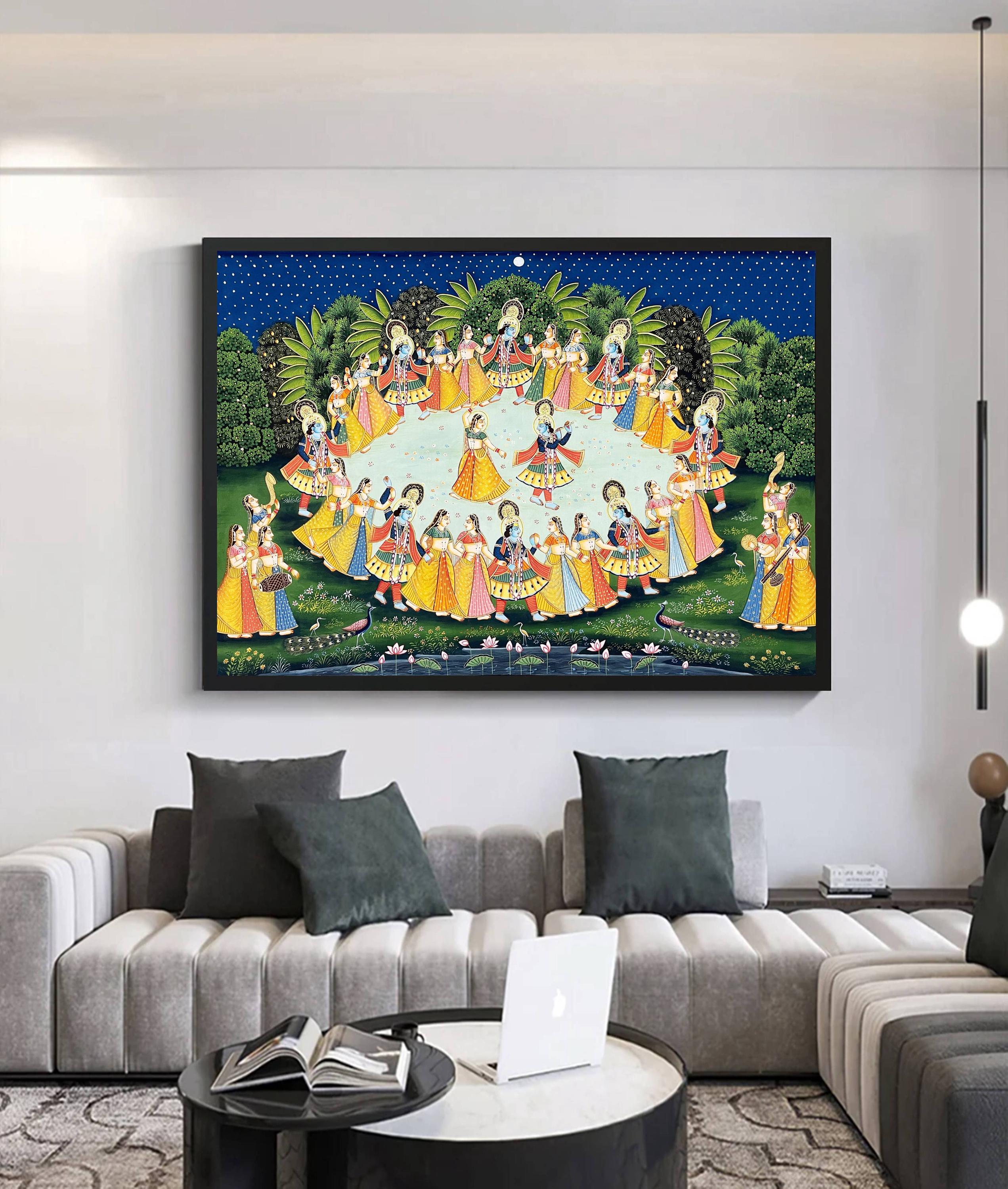 Krishan Ras Radha Krishna Raasleela Detailed Pichwai Handmade Painting on Fabric ...