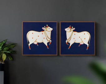 Juego de dos pinturas Pichwai hechas a mano, pintura tradicional india Pichwai, regalo de decoración para el hogar, arte mural