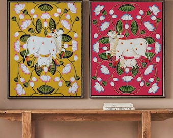 Conjunto de pinturas de vaca Pichwai: arte mural tradicional indio