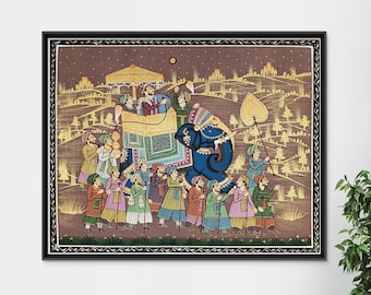 Royal Safari Detailed Handmade Indian Folk Painting, An Indian Royal Procession Painting, Wall Painting, Wall hanging