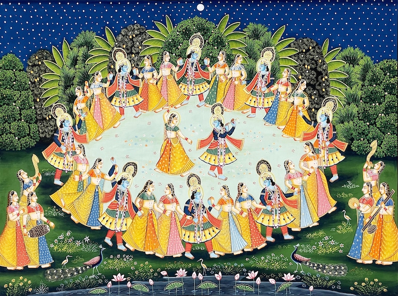 Krishan Ras Radha Krishna Raasleela Detailed Pichwai Handmade Painting on Fabric ...
