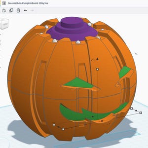 Puede incluir: Bomba de calabaza naranja renderizada en 3D con una parte superior morada y detalles verdes. La calabaza tiene una cara tallada con una boca sonriente y ojos triangulares. El diseño es probablemente para Halloween.