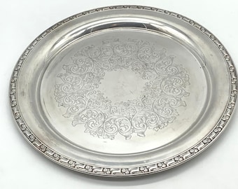 Vintage Wm A Rogers Oneida 14.5" Round Silverplate Serving Tray Etched Floral