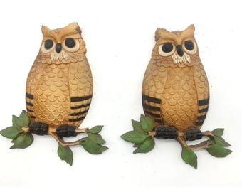 Homco Owl Wall Plaques Set OS Brown Vintage 1976 Burwood Resin MCM Decor 7403