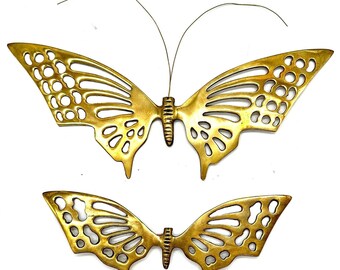Vintage Brass Butterfly Wall Art Set 2 Openwork Filigree Mid Century Decor 13.5"