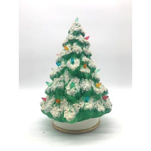 Vintage Ceramic Christmas Tree Flocked Snow White Green Lighted MCM Tabletop 12"