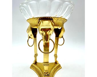 Vintage ACC Brass Tiger Head Centerpiece Bowl Tripod Clear Glass Regency
