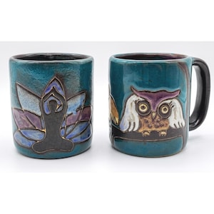 Mara Stoneware Mexico Handcrafted Art Pottery Mugs Cups Set of 2 Yoga Owl Teal