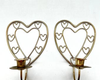 Vintage Brass Heart Wall Sconces Taper Candle Holders Set of 2 80s Boho