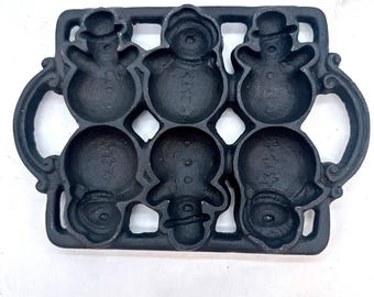 Vintage John Wright Cast Iron Snowman Muffin Pan 6-Cup Holiday Baking Mold