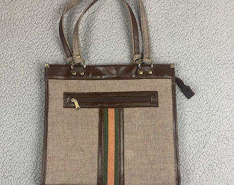 Vintage 70er Jahre Tweed Satchel Henkeltasche Handtasche Gestreift Business 12x13 Retro Geldbörse