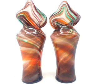 Art Glass Vases Pair Brown Multicolor Swirl Jack in the Pulpit Hand Blown 9in
