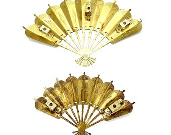 Vintage Hollywood Regency Gold Metal Fan Wall Decor Set of 2 Embossed Art Deco